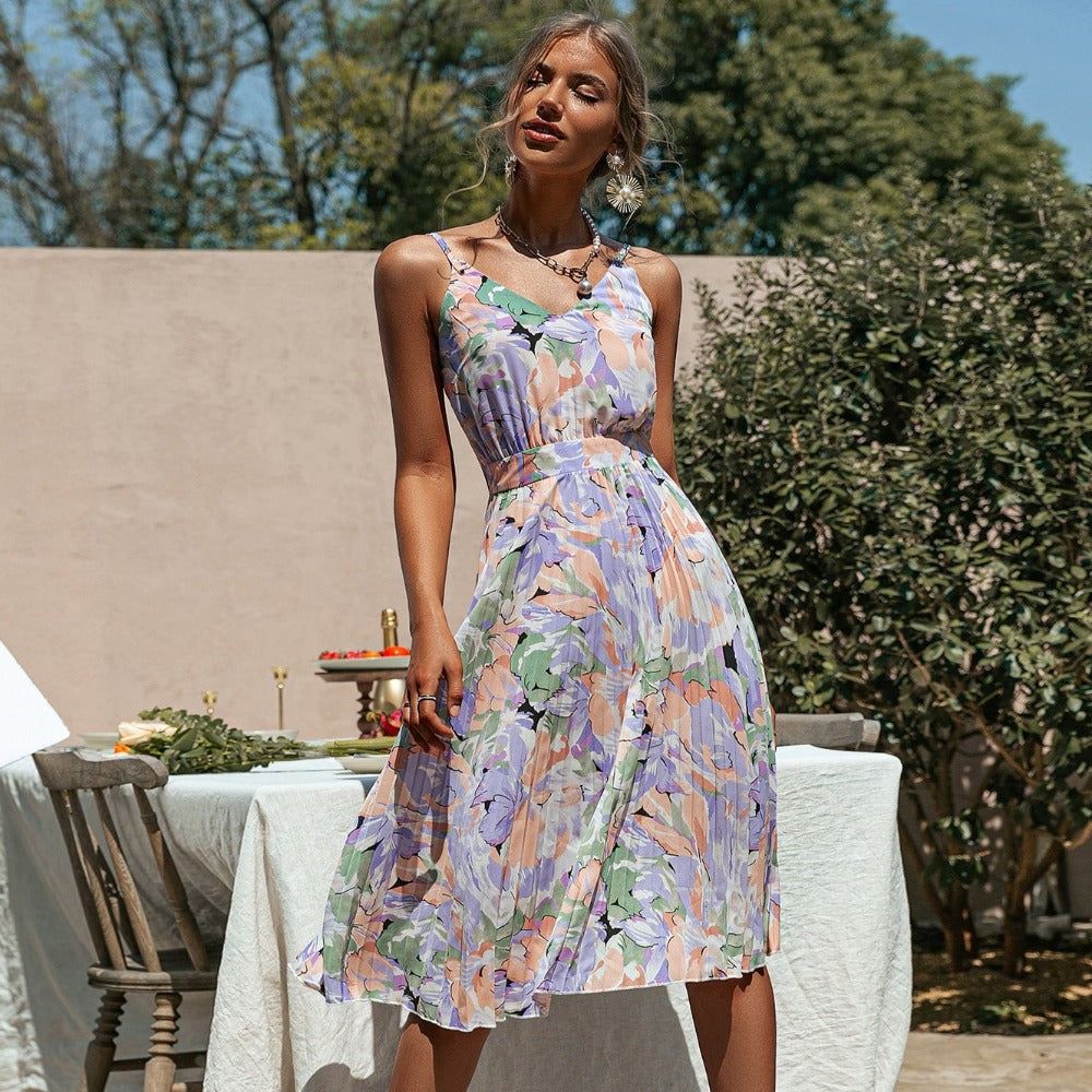Lavender Floral Print Ruffle Midi Dress - Image 2