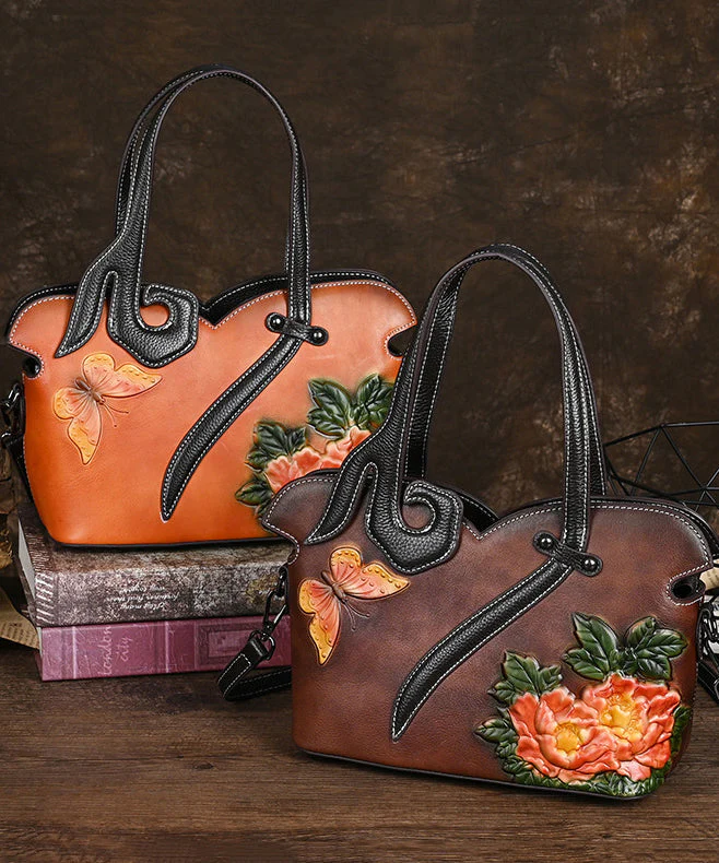 Leather Coffee Handbag Embossed Calf Tote Retro - Image 4