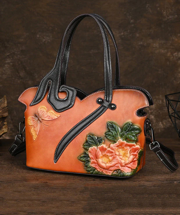 Leather Coffee Handbag Embossed Calf Tote Retro - Image 5