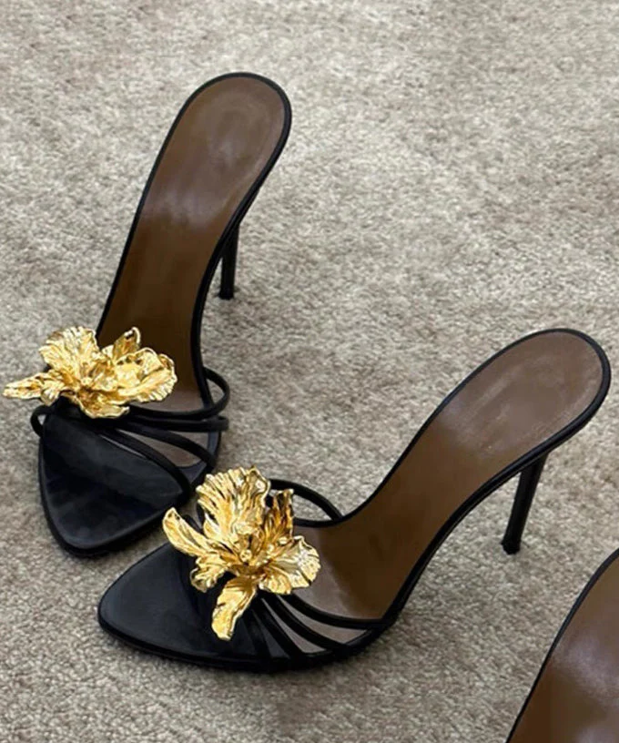 Leather Floral Stiletto Sandals Black Faux Splicing Slide
