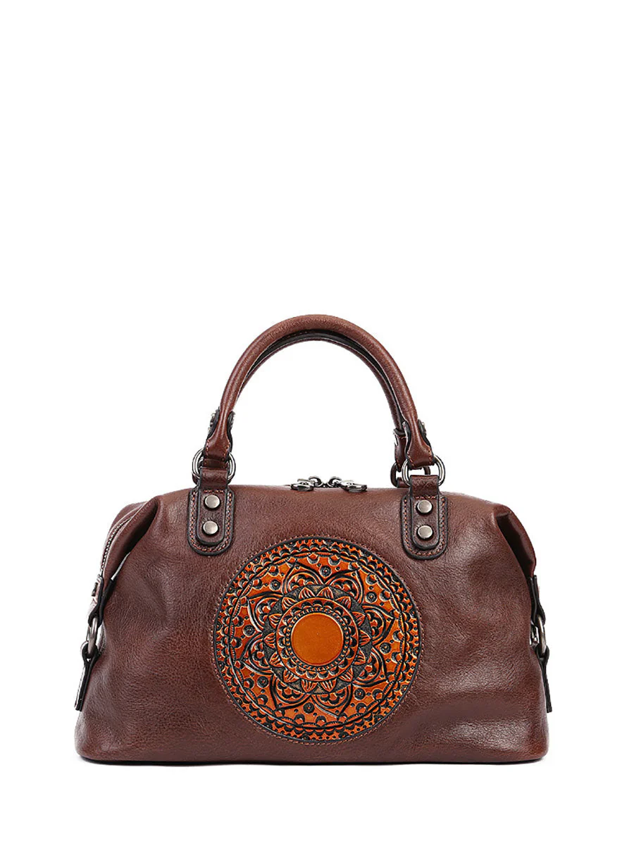 Leather Flower Spliced Capacity Hand Bag Shoulder Bag - Image 11