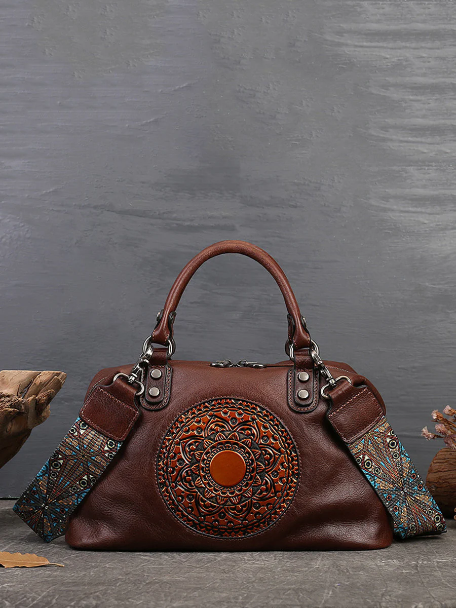 Leather Flower Spliced Capacity Hand Bag Shoulder Bag - Image 2