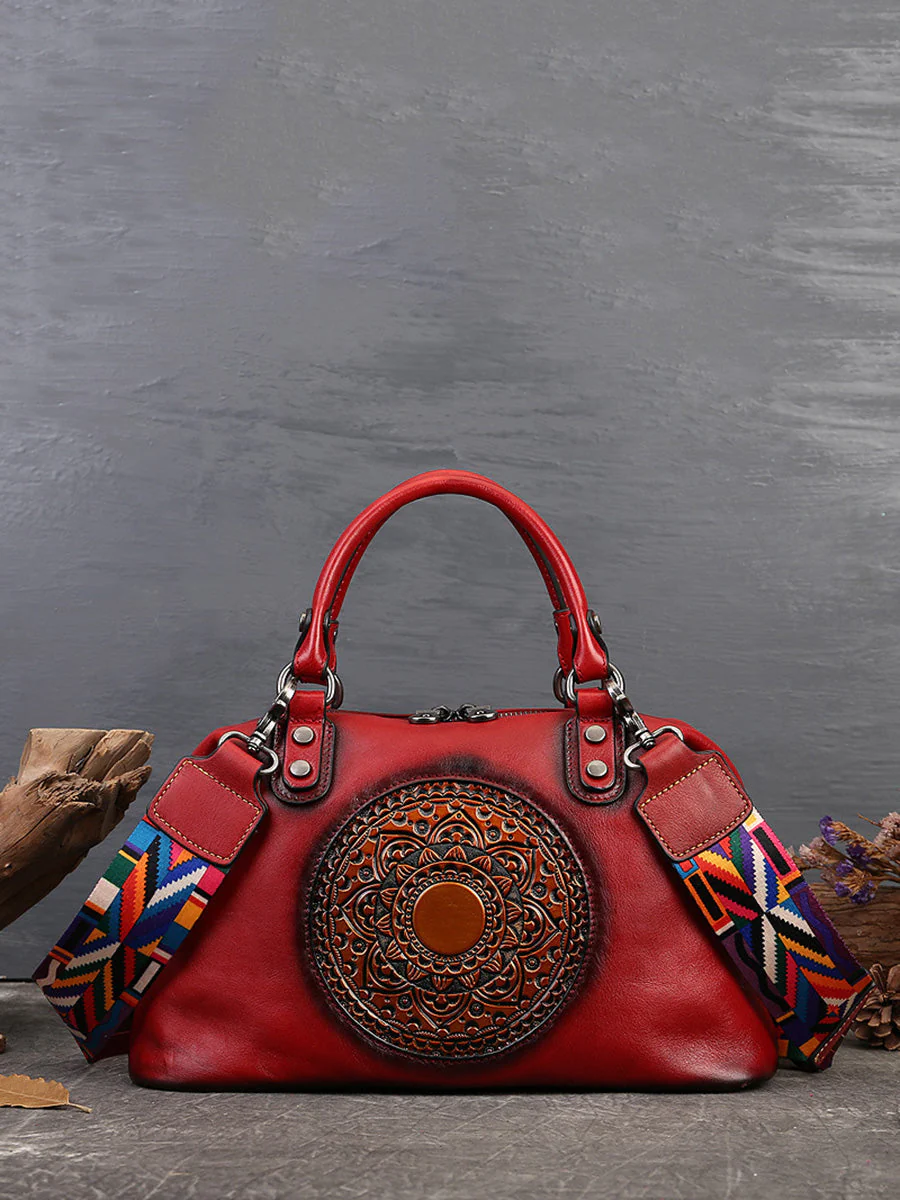 Leather Flower Spliced Capacity Hand Bag Shoulder Bag - Image 3