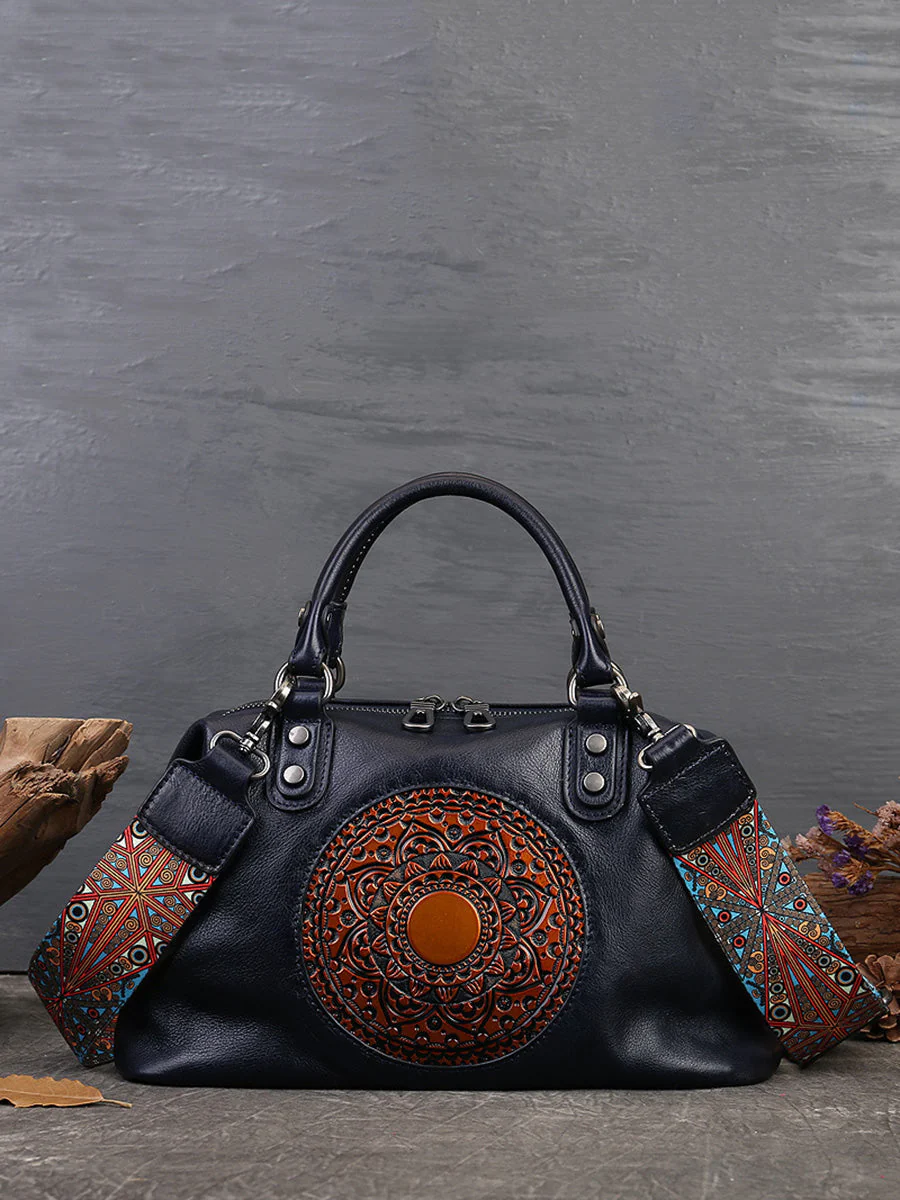 Leather Flower Spliced Capacity Hand Bag Shoulder Bag - Image 4