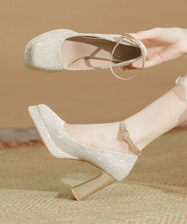 Leather Heels Champagne Splicing High Faux Chunky - Image 3