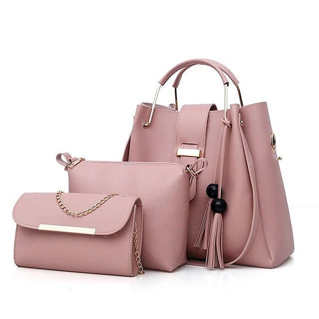 Leather Set Tote 3-Piece Pink Faux - Handbag
