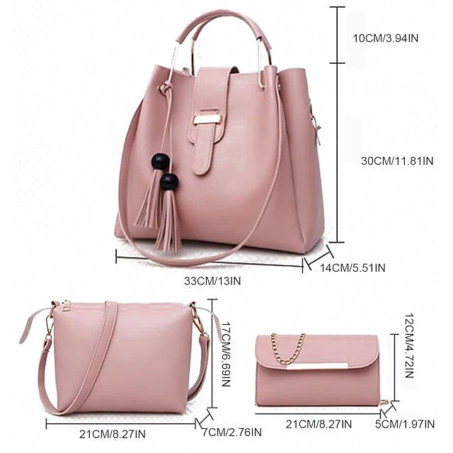 Leather Set Tote 3-Piece Pink Faux - Handbag - Image 2