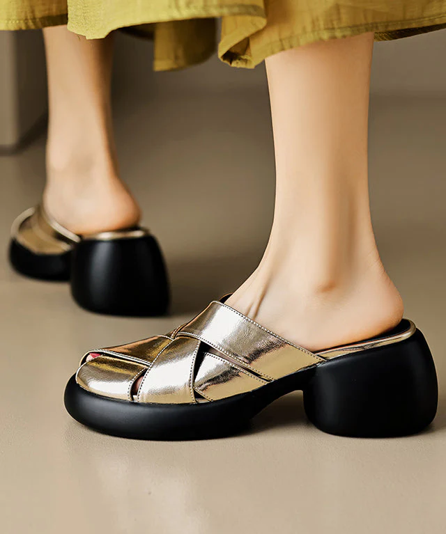Leather Slide Sandals Splicing French Cowhide Platform White - Image 5