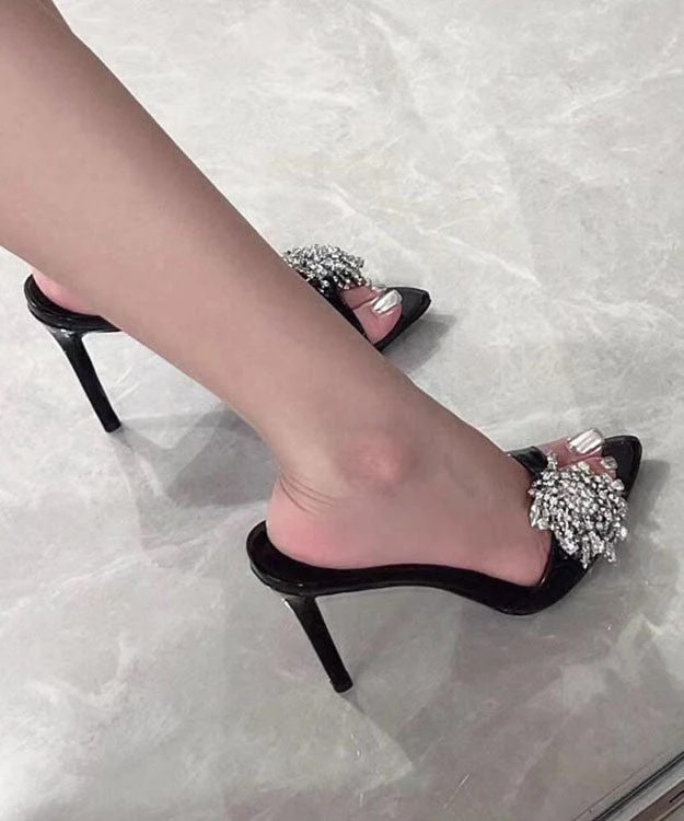 Leather Zircon Sandals Faux Black Stiletto Slide - Image 3