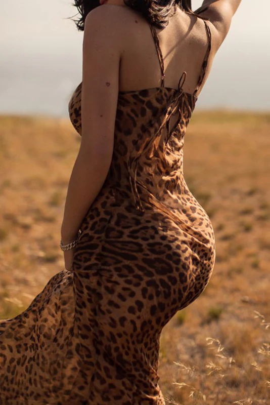 Leopard Spaghetti Strap Cowl Neck Chiffon Slip Maxi Dress - Coffee - Image 4