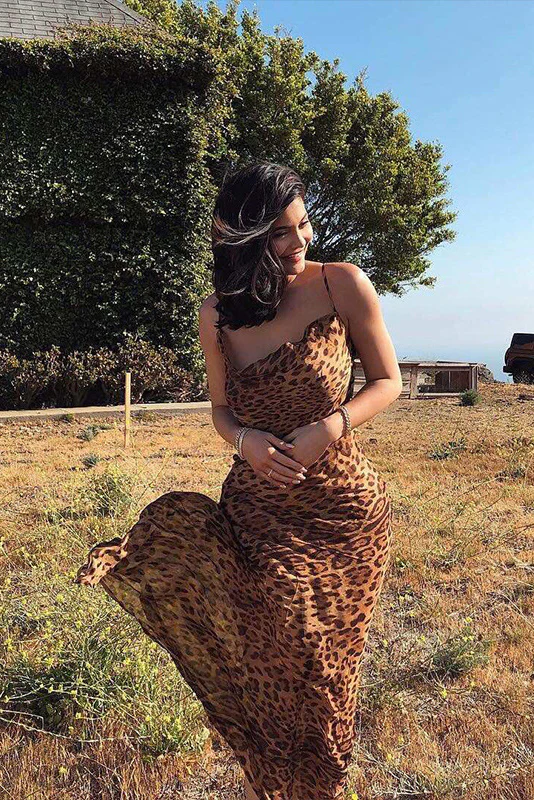 Leopard Spaghetti Strap Cowl Neck Chiffon Slip Maxi Dress - Coffee - Image 5