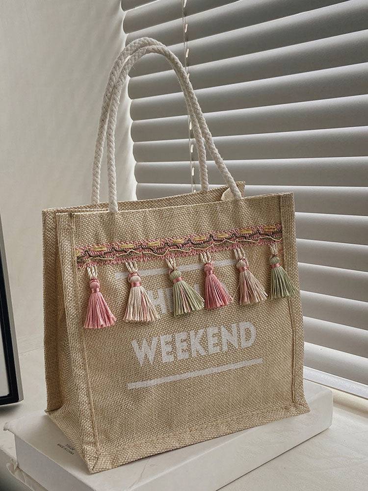 Letter Graphic Tassel Decor Square Bag - Image 5