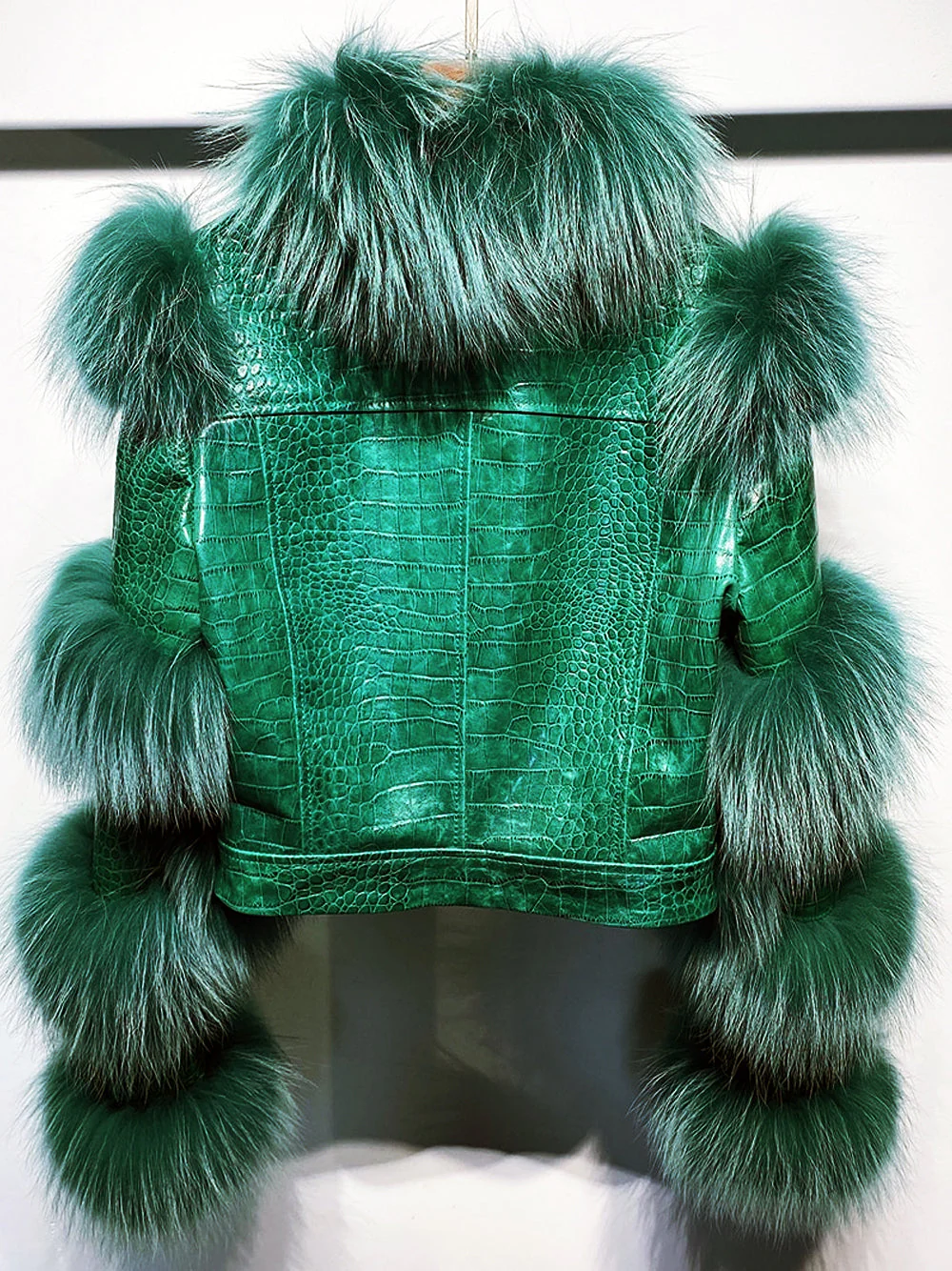 LITALY Fur Trim Leather Jacket in Dark Green - Image 10