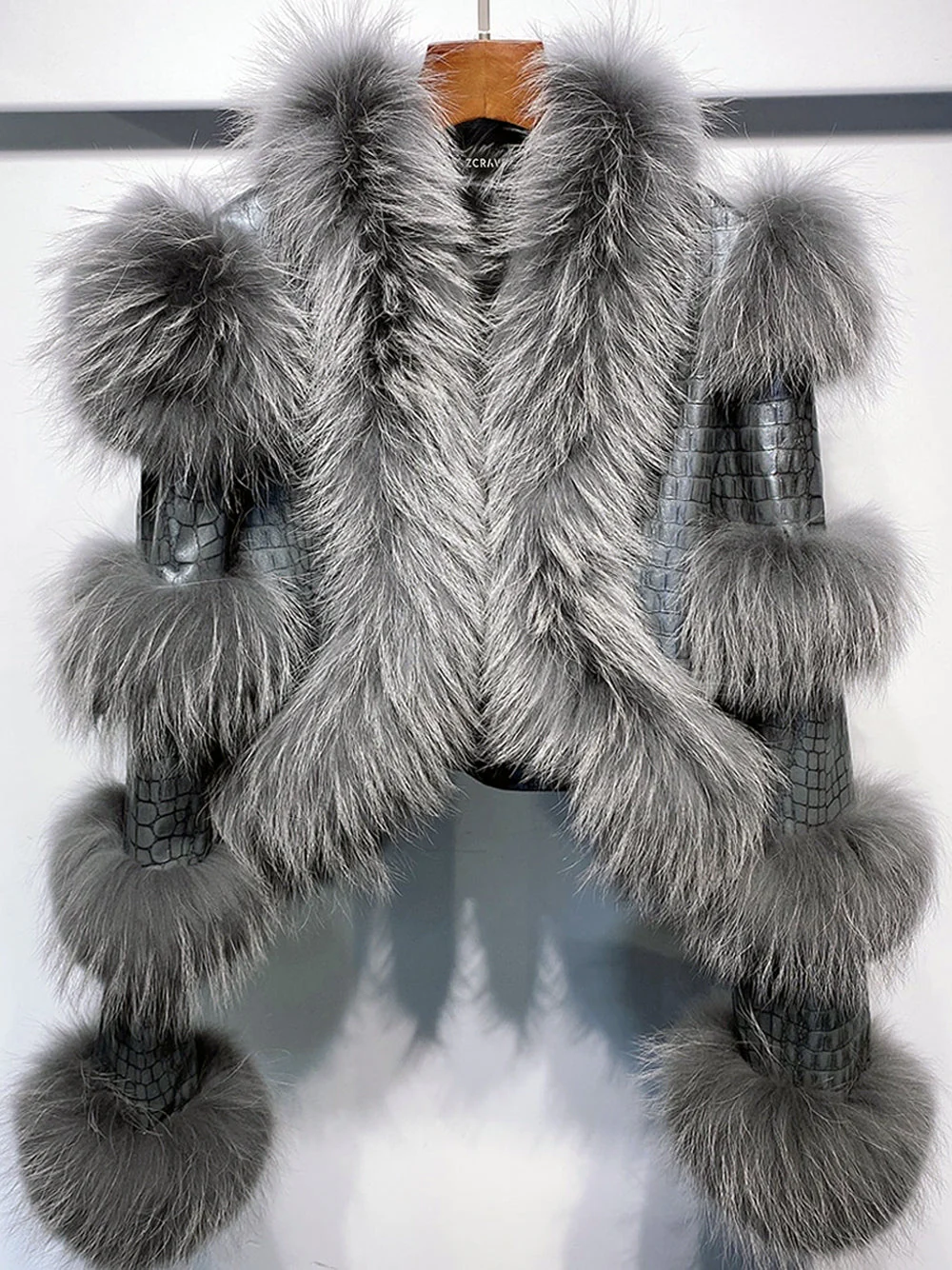 LITALY Fur Trim Leather Jacket in Gray - Image 7
