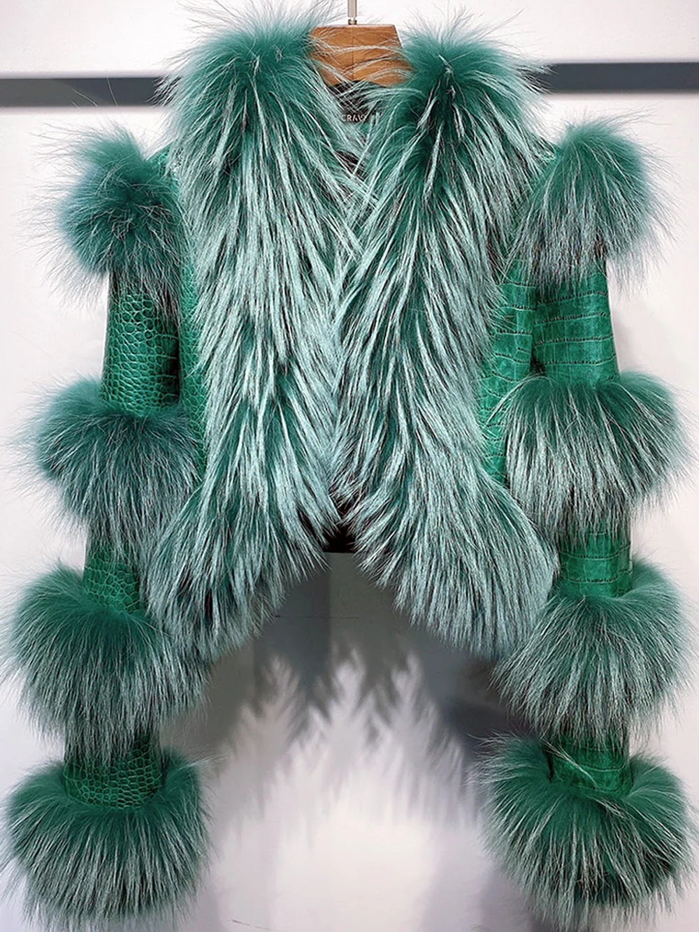 LITALY Fur Trim Leather Jacket in Green - Image 4