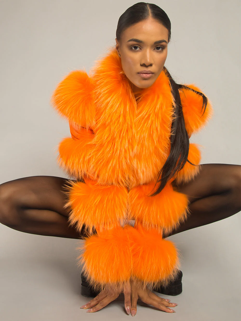 LITALY Fur Trim Leather Jacket in Orange - Image 9