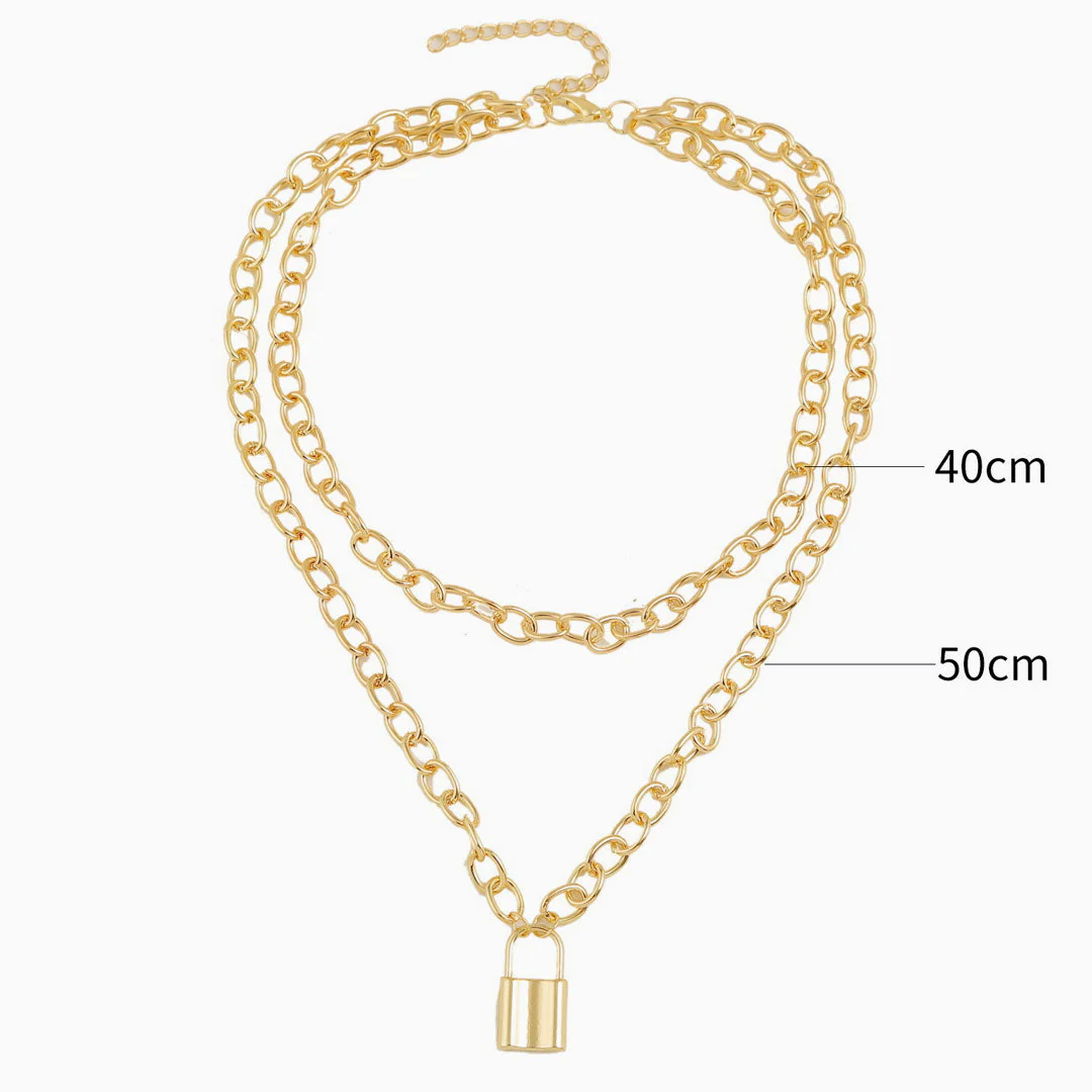 Lock Pendant Chain-Link Layered Necklace - Gold - Image 2