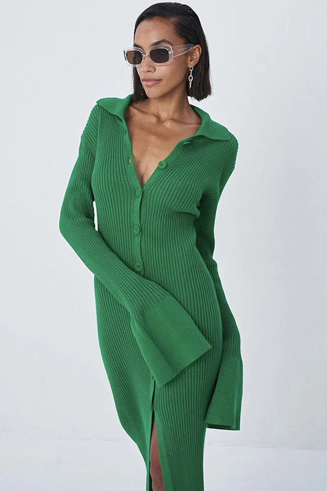 Long Sleeve Button Down Winter Sweater Maxi Dress - Emerald Green - Image 3
