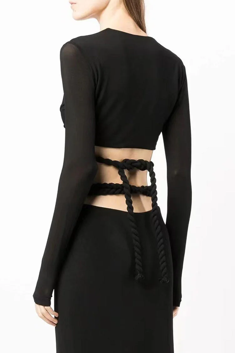 Long Sleeve Rope Wrap Top Split Skirt Two Piece Midi Dress - Black - Image 3