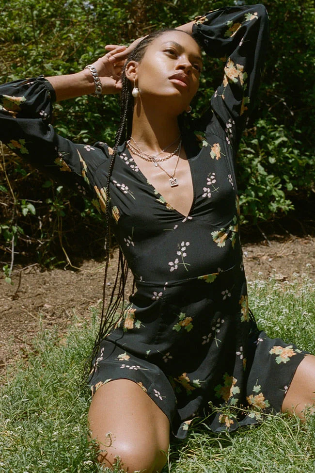Long Sleeve V Neck Fit & Flare French Silk Floral Mini Dress - Black - Image 3