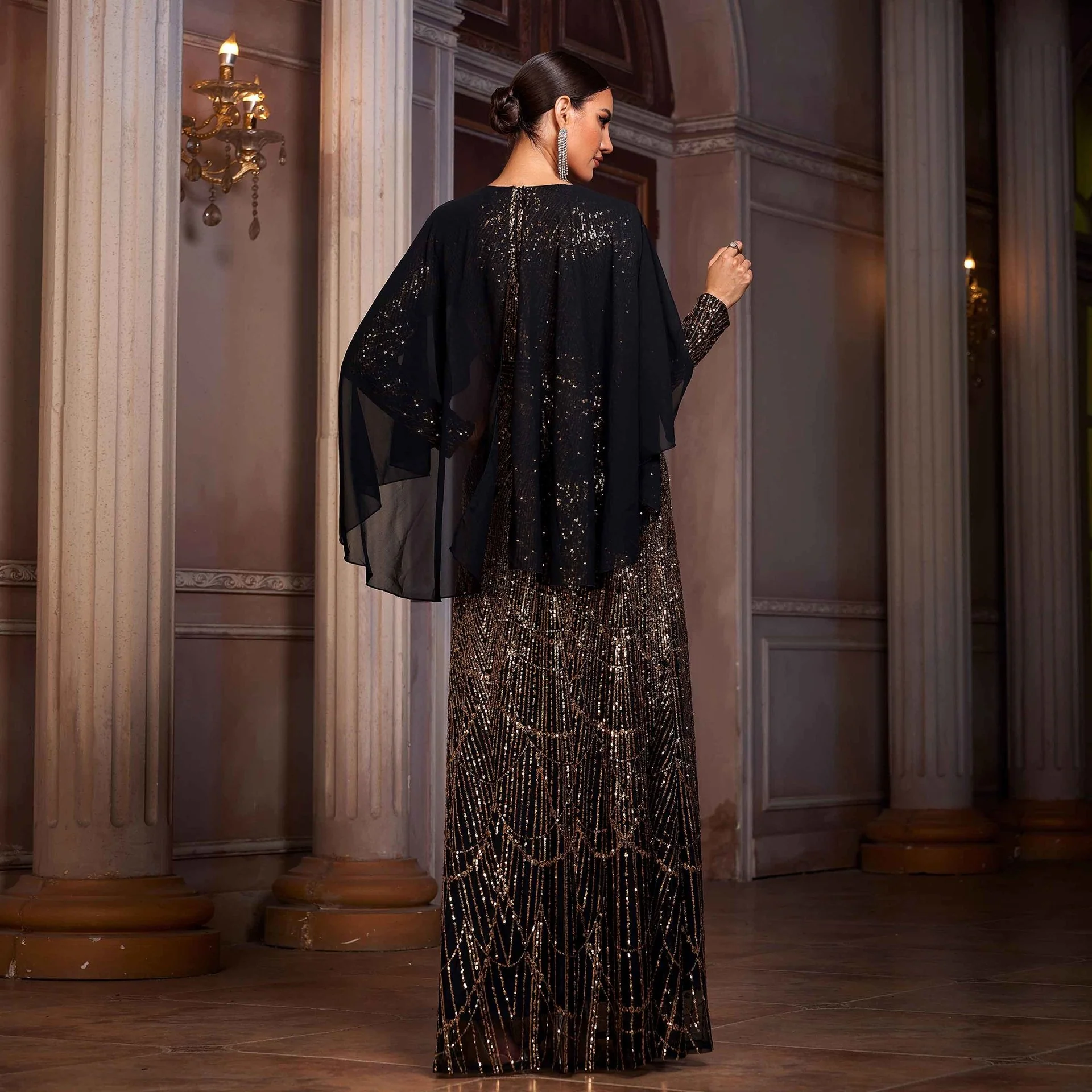 Long-sleeved round neck cape sequined evening dress - Image 5