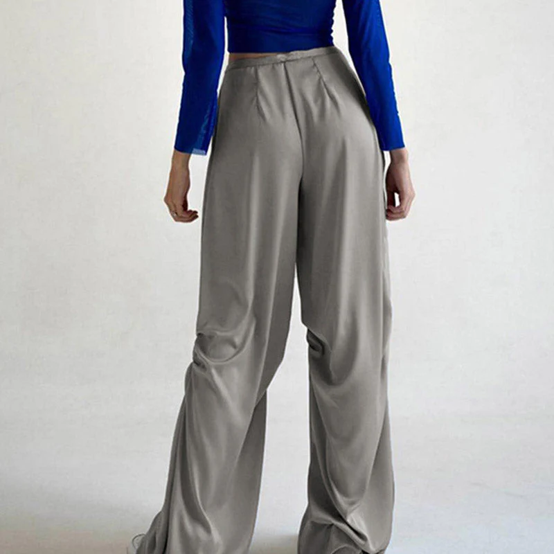 Low Waist Drawstring Satin Wide Leg Baggy Pants - Gray - Image 3