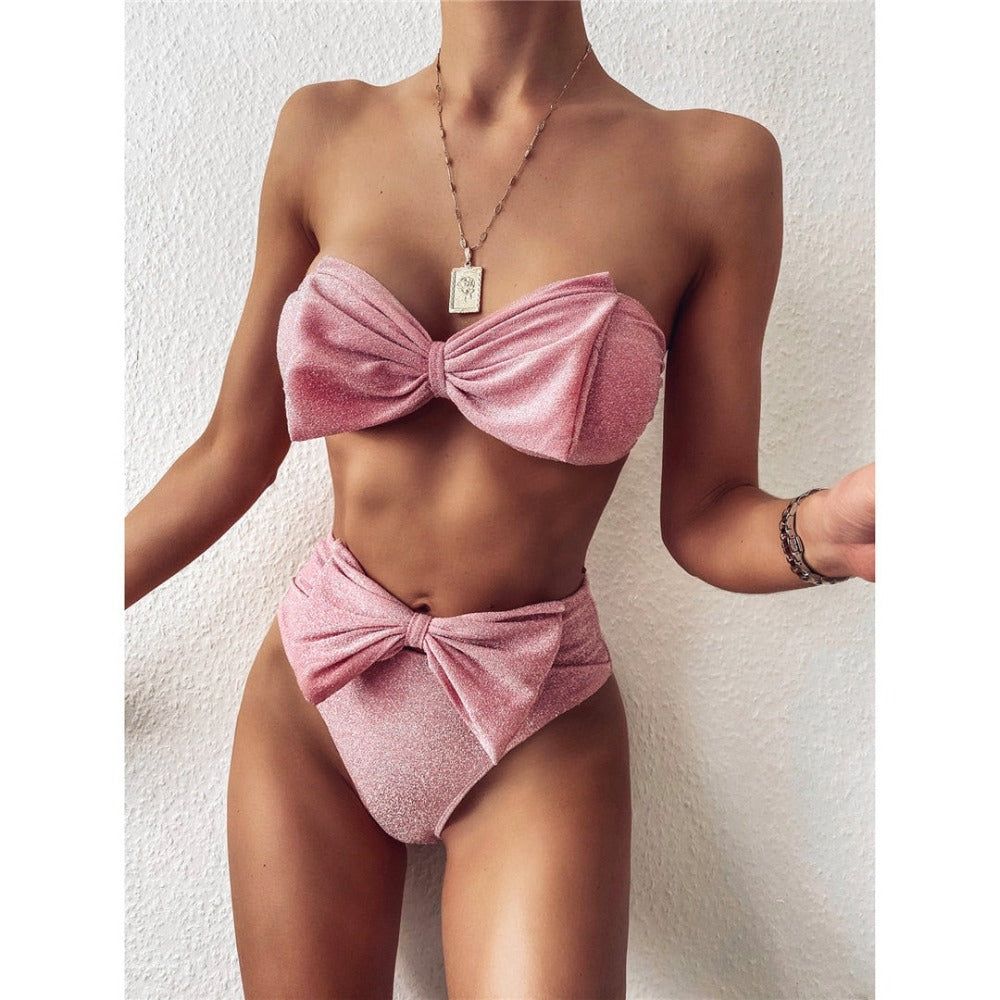 Luna Glitter Bowknot Decor Strapless Bikini Set - Image 2