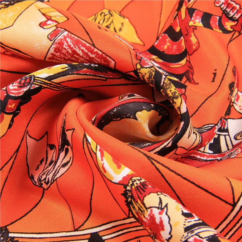 Printed Hand-Made Edge Square Silk Twill Scarf - Orange - Image 2