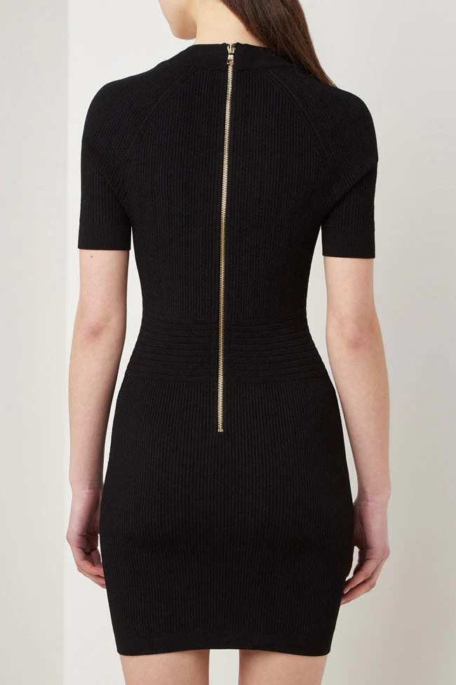Luxury Metal Button Short Sleeve Bodycon Sweater Mini Dress - Black - Image 3