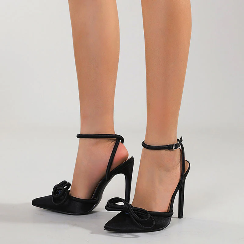 Ankle Strap Pointed Toe High Heel Butterfly Pumps - Black - Image 2