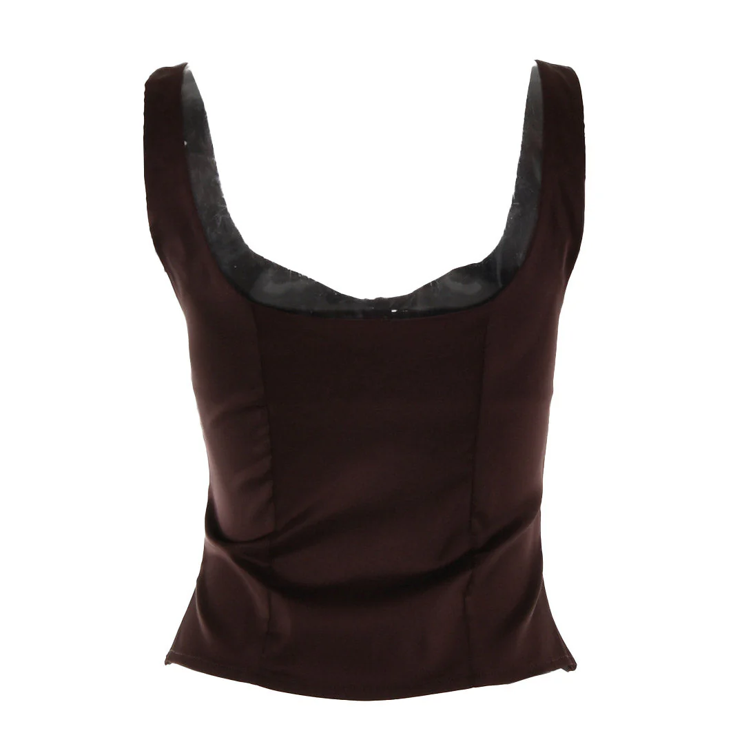 Square Neck Button Up Sleeveless Tank Top - Brown - Image 3