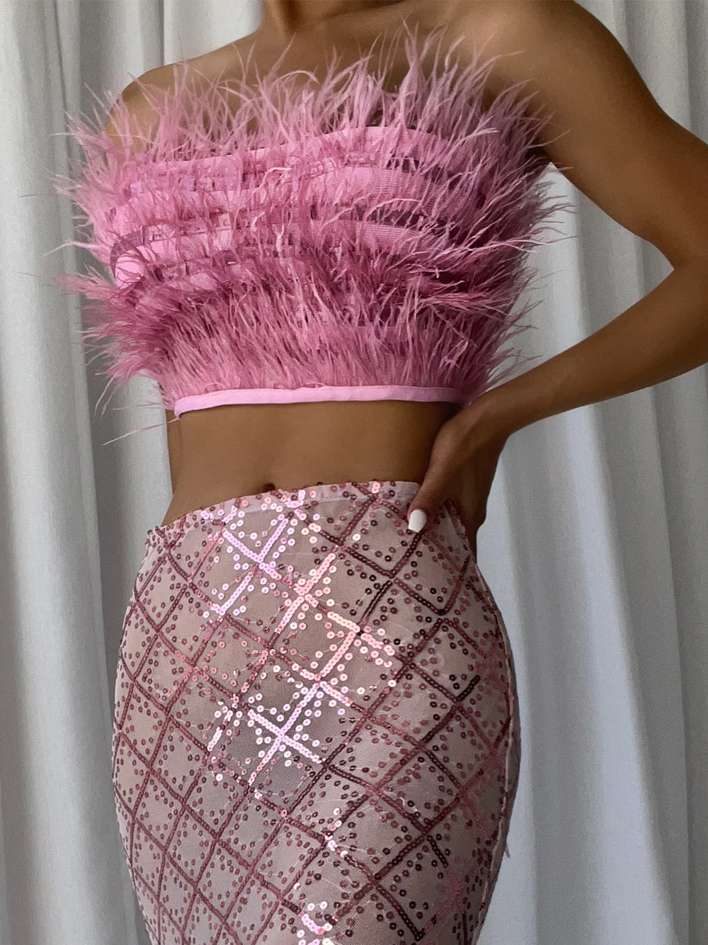 MAGLINA Feather Top & Sequins Skirt Set in Pink - Image 7