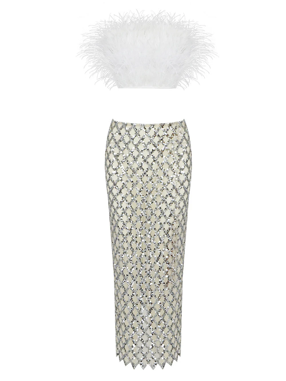 MAGLINA Feather Top & Sequins Skirt Set in White - Image 6