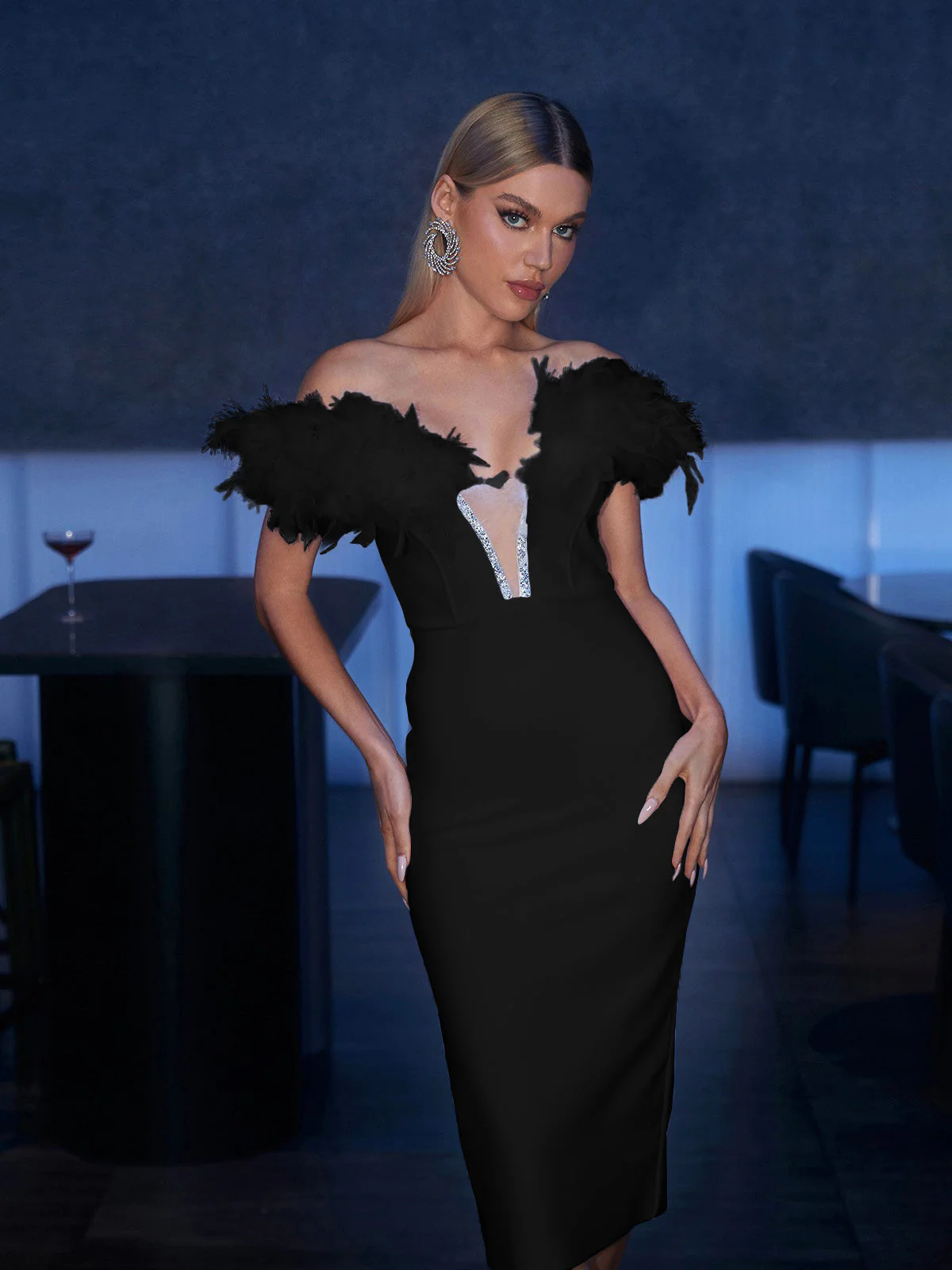 Major Off Shoulder Feather Bandage Dress In Black - Image 3