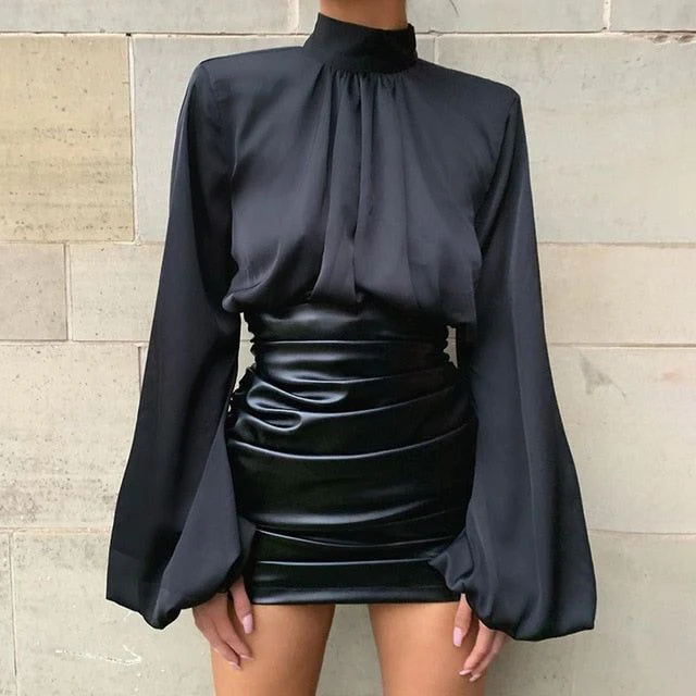 Mare Turtleneck Puff Sleeve Satin Blouse - Image 3