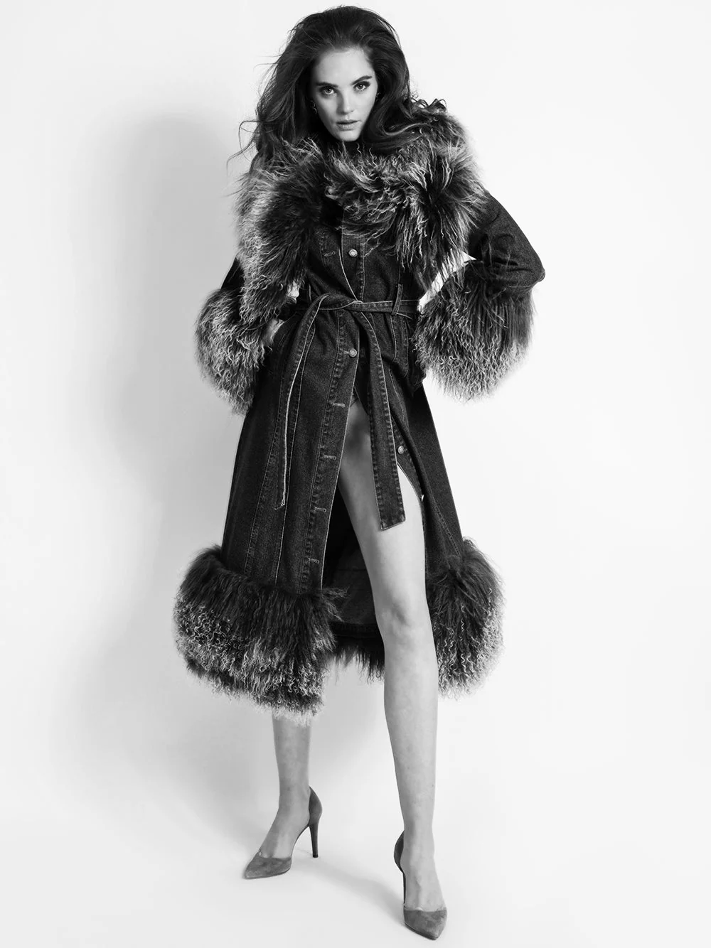 MEDUSA Denim Coat w/ Shearling Fur in Black - Image 2