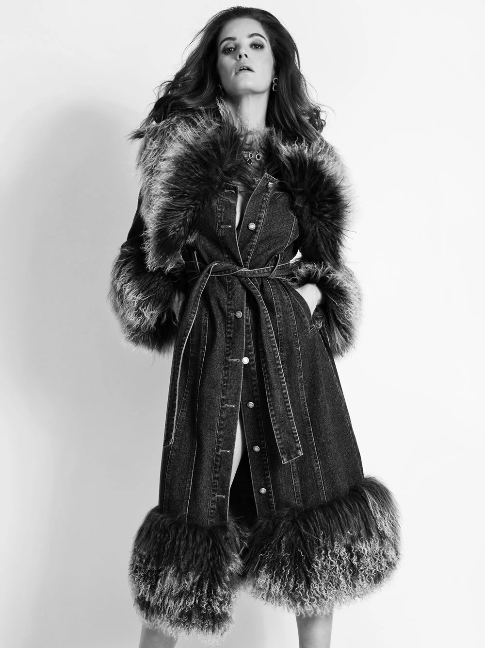 MEDUSA Denim Coat w/ Shearling Fur in Black - Image 3