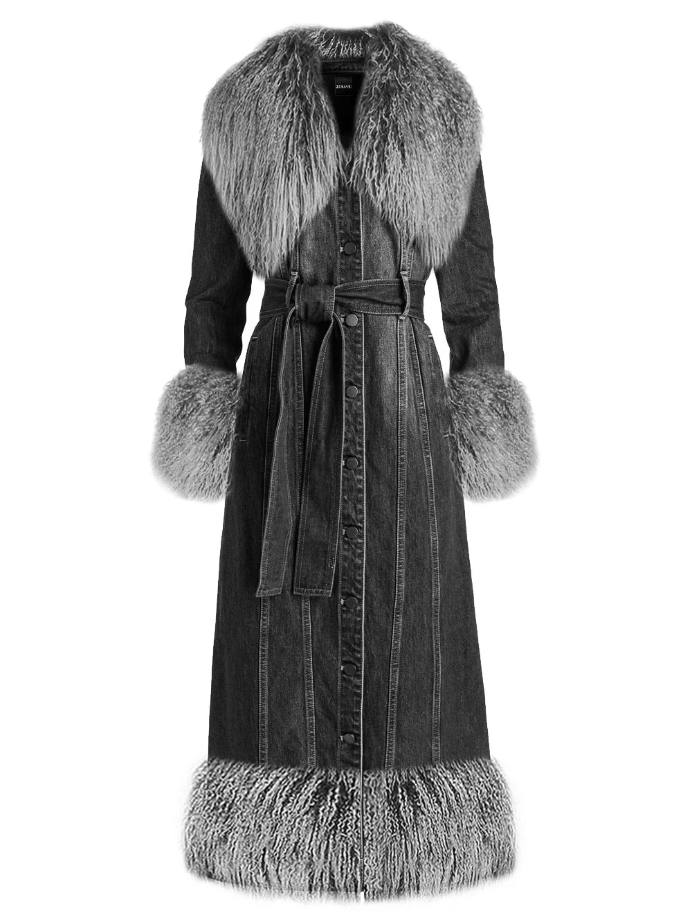 MEDUSA Denim Coat w/ Shearling Fur in Black - Image 4