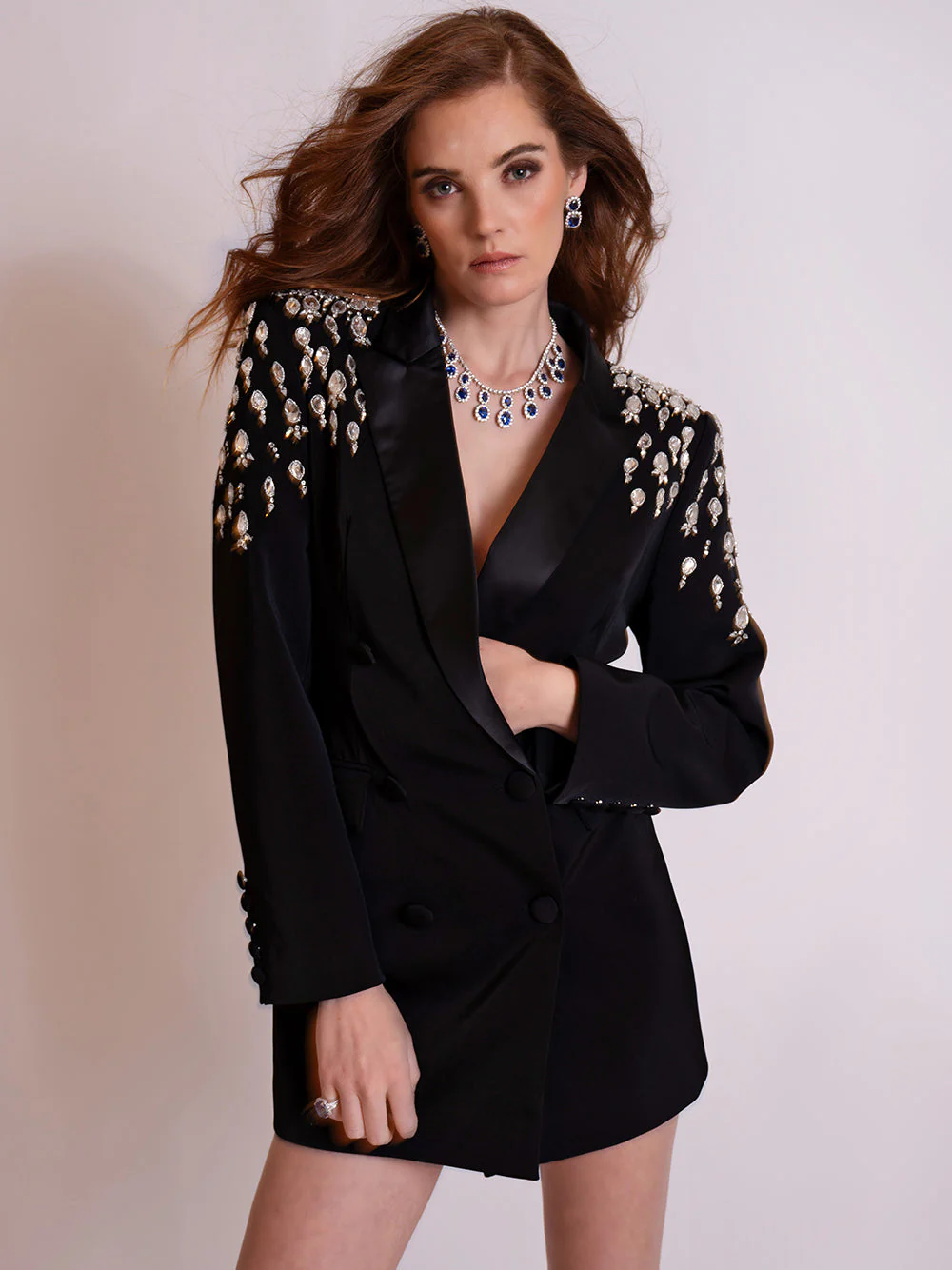 MESSA Beaded Cady Mini Blazer Dress in Black - Image 8