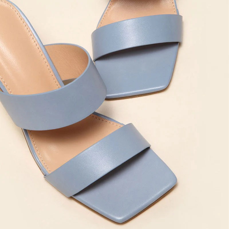 Geometric High Heel Square Toe Mule Sandals - Blue Grey - Image 3
