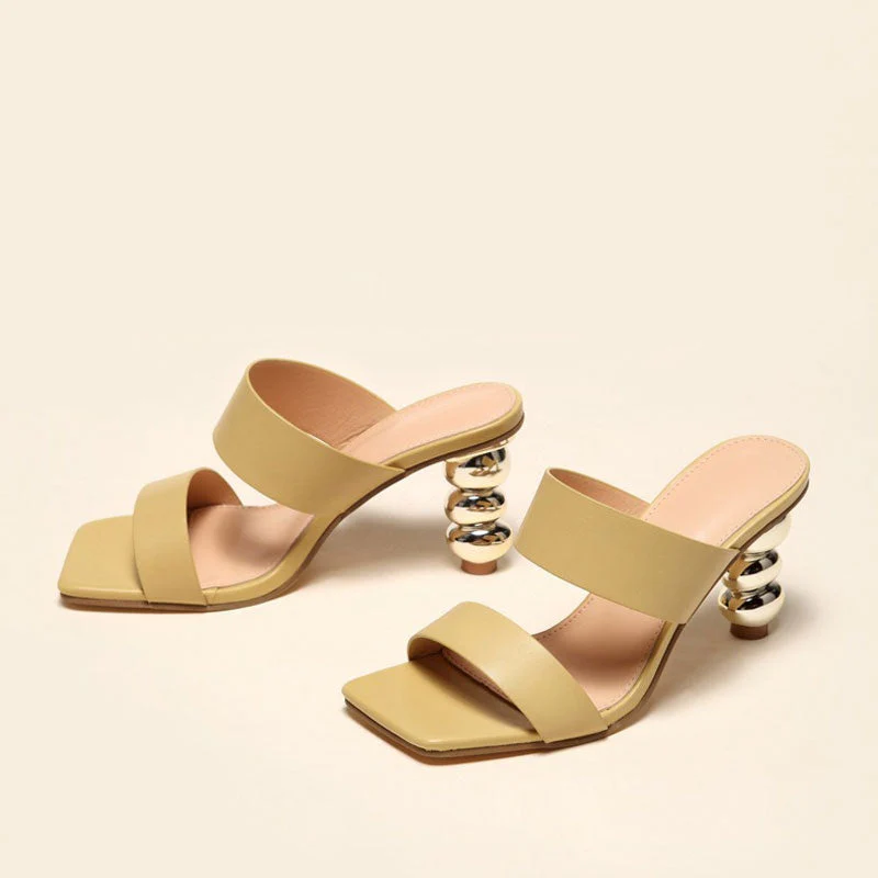 Geometric High Heel Square Toe Mule Sandals - Camel - Image 2