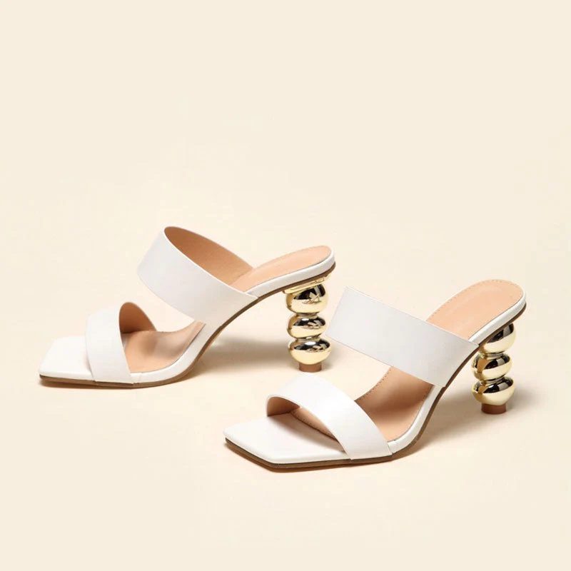 Geometric High Heel Square Toe Mule Sandals - White - Image 2