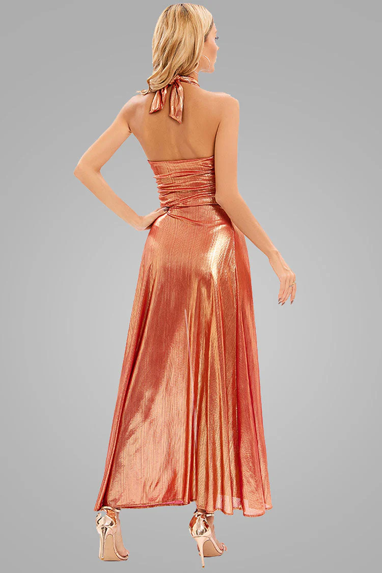 Metallic Halter Neck Buckle Trim Cutout Split Maxi Dress - Rose Gold - Image 3