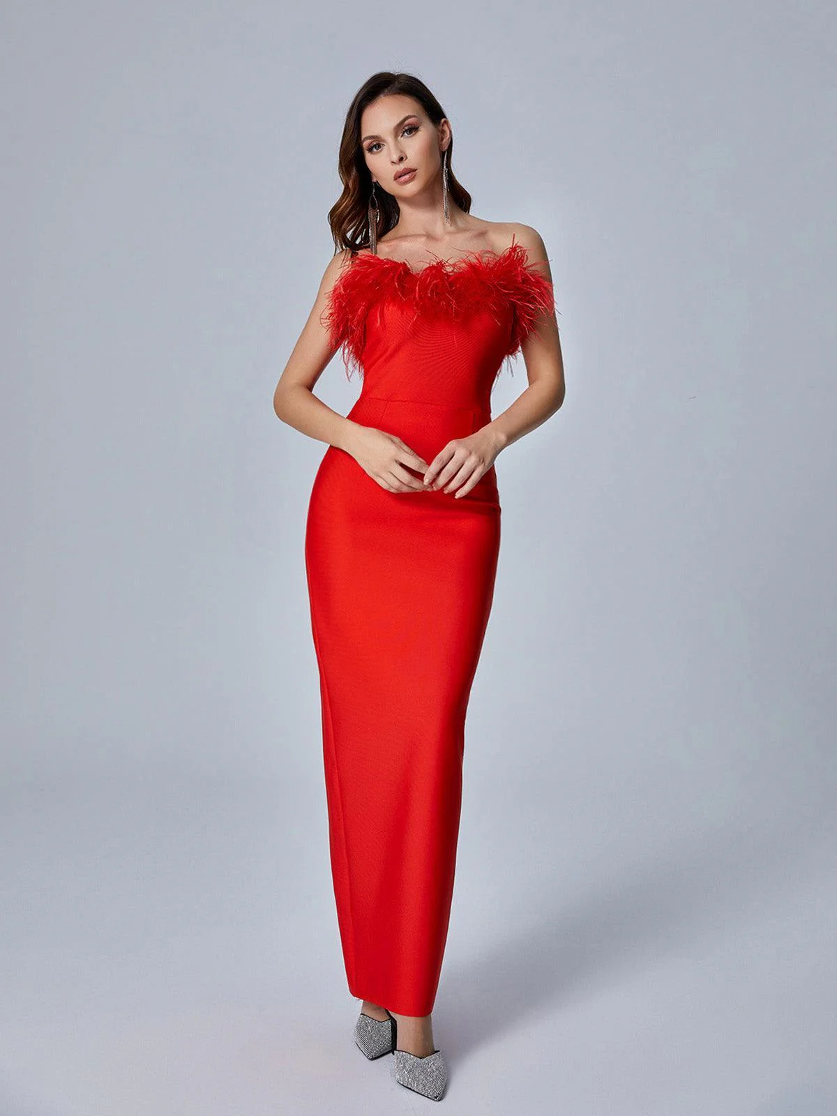 Mina Strapless Feather Trimmed Bandage Dress In Red - Image 2