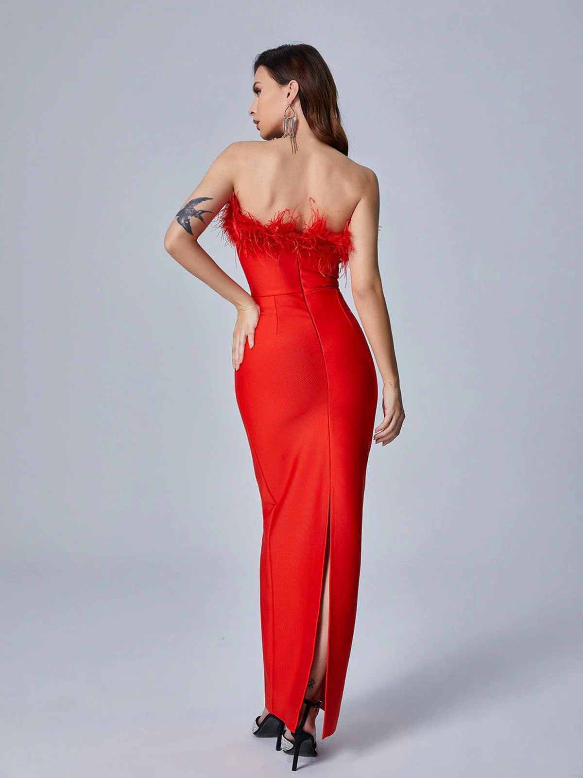 Mina Strapless Feather Trimmed Bandage Dress In Red - Image 5
