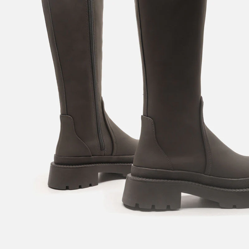 Toe Panel Trim Chunky Platform Knee High Boots - Army Green - Image 5