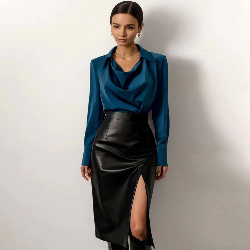 High Waist Split Trim Vegan Leather Midi Skirt - Black - Image 2