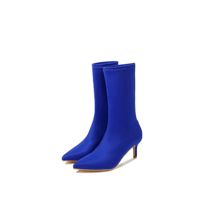 Pointed Toe High Heel Sock Ankle Boots - Navy Blue - Image 2