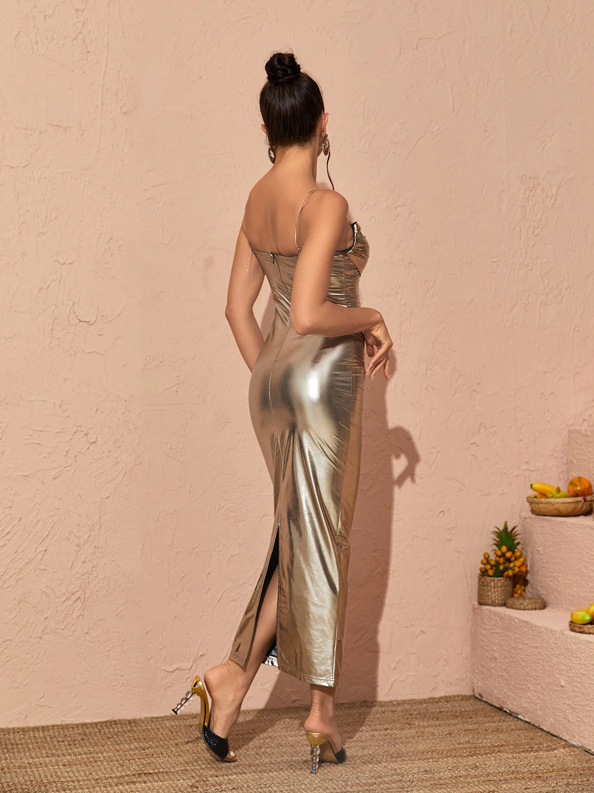 Moana Spaghetti Metallic Midi Dress In Gold - Image 5