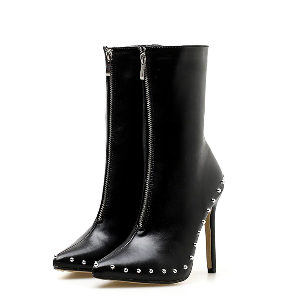 Bead Trimmed Pointed Toe Zip Front Ankle Boots - Black - Image 4